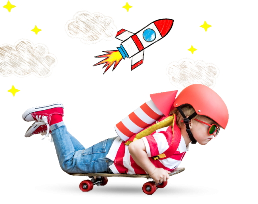 Meisje op skateboard met raketrugzak